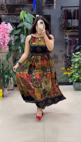Pure Viscose Boho Print Maxi Dress for Women | Sleeveless Flared Dress
