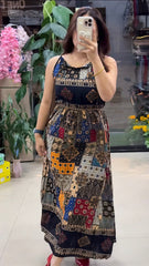 Pure Viscose Boho Print Maxi Dress for Women | Sleeveless Flared Dress Black