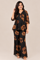Elegant Floral Print Georgette Co-ord Set for Women - Black & Brown