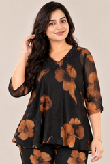 Elegant Floral Print Georgette Co-ord Set for Women - Black & Brown