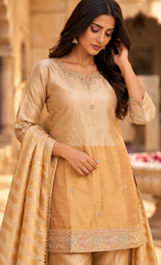 Women's Festive Golden Shimmer 3-Piece Suit Set | Party Wear Ethnic Co-ord
