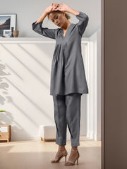 Grey Rayon Slub Texture Pleated Co-Ord Set