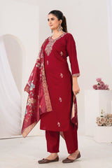 Elegant Maroon Embroidered Kurta Set with Digital Floral Print Dupatta | 3-Piece Ethnic Suit for Women