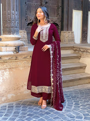 Zaraara Wine Zari Embroidered Kurta Set with Dupatta