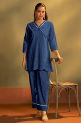 Women’s Pure Cotton Dark Blue Schiffli Co-Ord Set