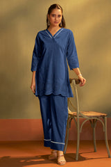 Women’s Pure Cotton Dark Blue Schiffli Co-Ord Set