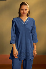 Women’s Pure Cotton Dark Blue Schiffli Co-Ord Set