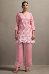 Women's Peach Pure Cotton Schiffli Embroidered Straight Co-Ord Set
