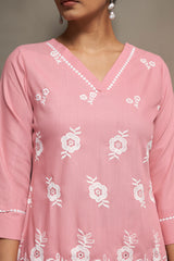 Women's Peach Pure Cotton Schiffli Embroidered Straight Co-Ord Set