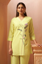 Yellow Embroidered Handwork Cotton Blend Co-Ord Set
