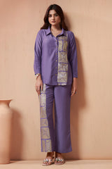 Women's Lavender Embroidered Cotton Blend Co-Ord Set