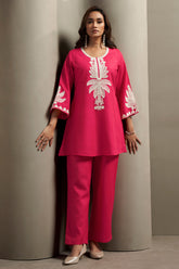 Women's Pink Cotton Blend Floral Embroidered Co-ord Set with Straight Top & Solid Pants