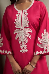 Women's Pink Cotton Blend Floral Embroidered Co-ord Set with Straight Top & Solid Pants
