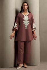 Women's Coffee Cotton Blend Floral Embroidered Co-ord Set with Straight Top & Solid Pants