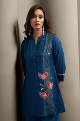 Women's Pure Cotton Bird Embroidered Straight Kurta with Solid Pure Cotton Pants