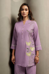 Women's Pure Cotton Bird Embroidered Straight Kurta with Solid Pure Cotton Pants