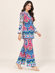 Printed Blue Ajrak Top With Palazzo Set