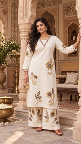 Elegant Off-white Pure Rayon cotton Floral Kurta Set with Matching Palazzo | V-Neck Ethnic Wear for Women