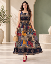 Pure Viscose Boho Print Maxi Dress for Women | Sleeveless Flared Dress Black