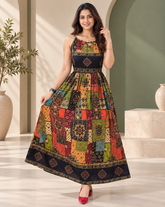 Pure Viscose Boho Print Maxi Dress for Women | Sleeveless Flared Dress