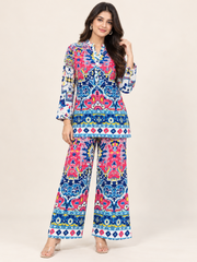 Printed Blue Ajrak Top With Palazzo Set