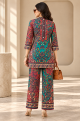 Printed Asymmetric Green And Red Rayon Co-Ord Set
