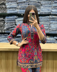 Printed Asymmetric Red And Blue Rayon Co-Ord Set