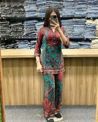 Printed Asymmetric Green And Red Rayon Co-Ord Set