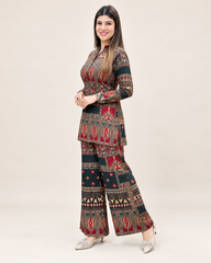 Printed Asymmetric Red And Green Top With Palazzo Set