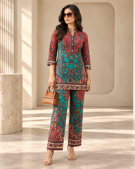 Printed Asymmetric Green And Red Rayon Co-Ord Set