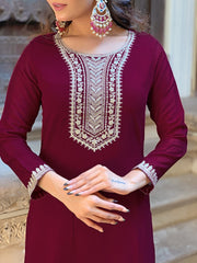 Zaraara Wine Zari Embroidered Kurta Set with Dupatta