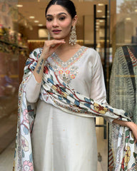 Women’s Off-White Viscose Chanderi Embroidered Kurta Set with Printed Lagdi Satin Dupatt