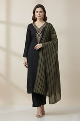 Black Embroidered Salwar Kameez Set with Intricate Neckline Work and Metallic Striped Dupatta