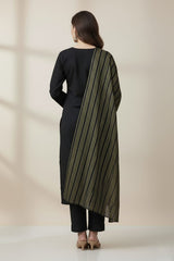 Black Embroidered Salwar Kameez Set with Intricate Neckline Work and Metallic Striped Dupatta