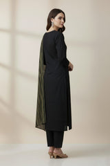 Black Embroidered Salwar Kameez Set with Intricate Neckline Work and Metallic Striped Dupatta