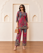 Printed Asymmetric Red And Blue Rayon Co-Ord Set