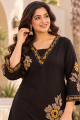 Elegant Black Pure Rayon Floral Kurta Set with Matching Palazzo | V-Neck Ethnic Wear for Women