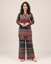 Printed Asymmetric Red And Green Top With Palazzo Set