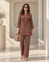 Women's Brown Printed Kurta & Wide-Leg Pant Set | Casual Ethnic Wear