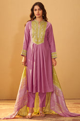 Mauve Silk Pleated Kurta Set with Lime Green Gota Patti Work