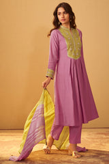 Mauve Silk Pleated Kurta Set with Lime Green Gota Patti Work