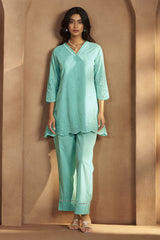 Aqua Blue Schiffli Embroidered Cotton Kurta Set with Straight Pants