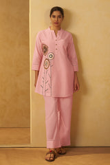 Women Pink Pure Cotton Embroidered Straight Kurta Co-Ord Set