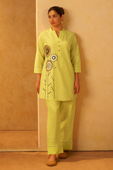 Women Lemon Yellow Pure Cotton Embroidered Straight Kurta Co-Ord Set