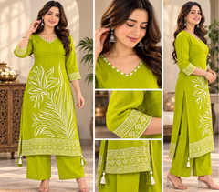 Premium Pure Viscose Rassian fabric Floral Printed Kurta Set with Intricate V-Neck Handwork | Lemon Green