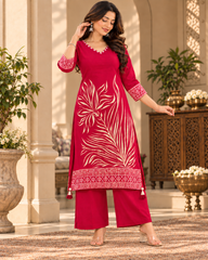 Premium Pure Viscose Rassian fabric Floral Printed Kurta Set with Intricate V-Neck Handwork | Maroon red