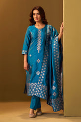 Turquoise Royale Jacquard Kurta Set