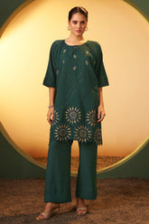 Emerald Bloom Embroidered Roman Silk Co-Ord Set