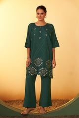 Emerald Bloom Embroidered Roman Silk Co-Ord Set