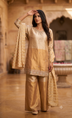 Women's Festive Golden Shimmer 3-Piece Suit Set | Party Wear Ethnic Co-ord